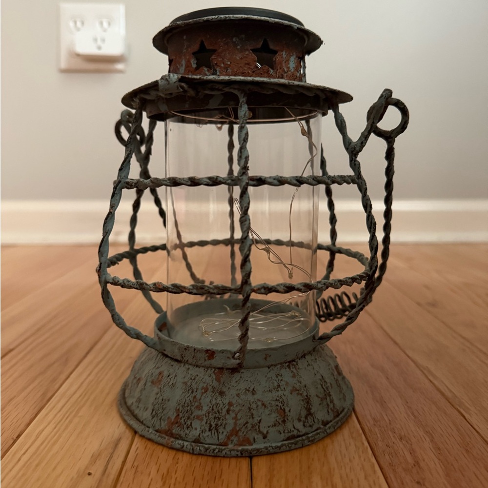 Solar Rustic Metal Lantern with fairly lights